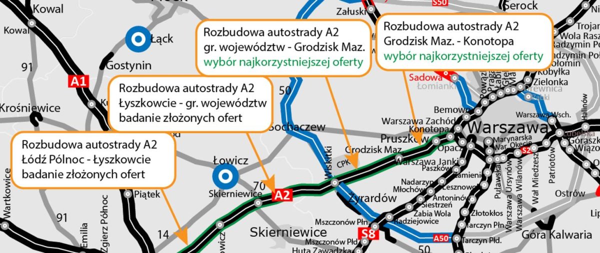 "Zdjęcie przedstawiające trasę autostrady A2 między Łodzią a Warszawą, gdzie trwają prace nad rozbudową do trzech pasów w każdym kierunku. W tle widać znaki drogowe oraz sprzęt budowlany. Informacja o rozstrzygnięciu pierwszych przetargów przez GDDKiA podkreśla postęp w modernizacji kluczowej infrastruktury transportowej."