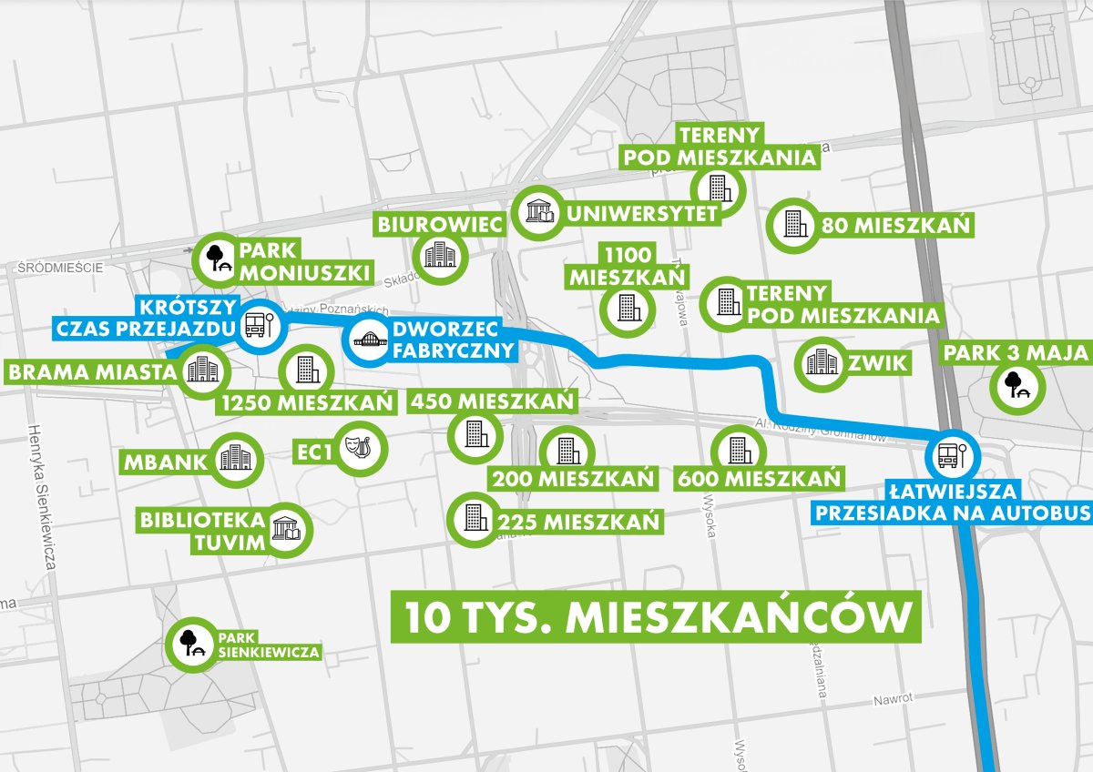 "Nowa linia tramwajowa w Nowym Centrum Łodzi - wizualizacja planowanej trasy łączącej ul. Kopcińskiego z dworcem Łódź Fabryczna, która ma wspierać rozwój komunikacji miejskiej i ułatwić transport. Artykuł omawia szczegóły inwestycji i jej znaczenie dla mieszkańców."