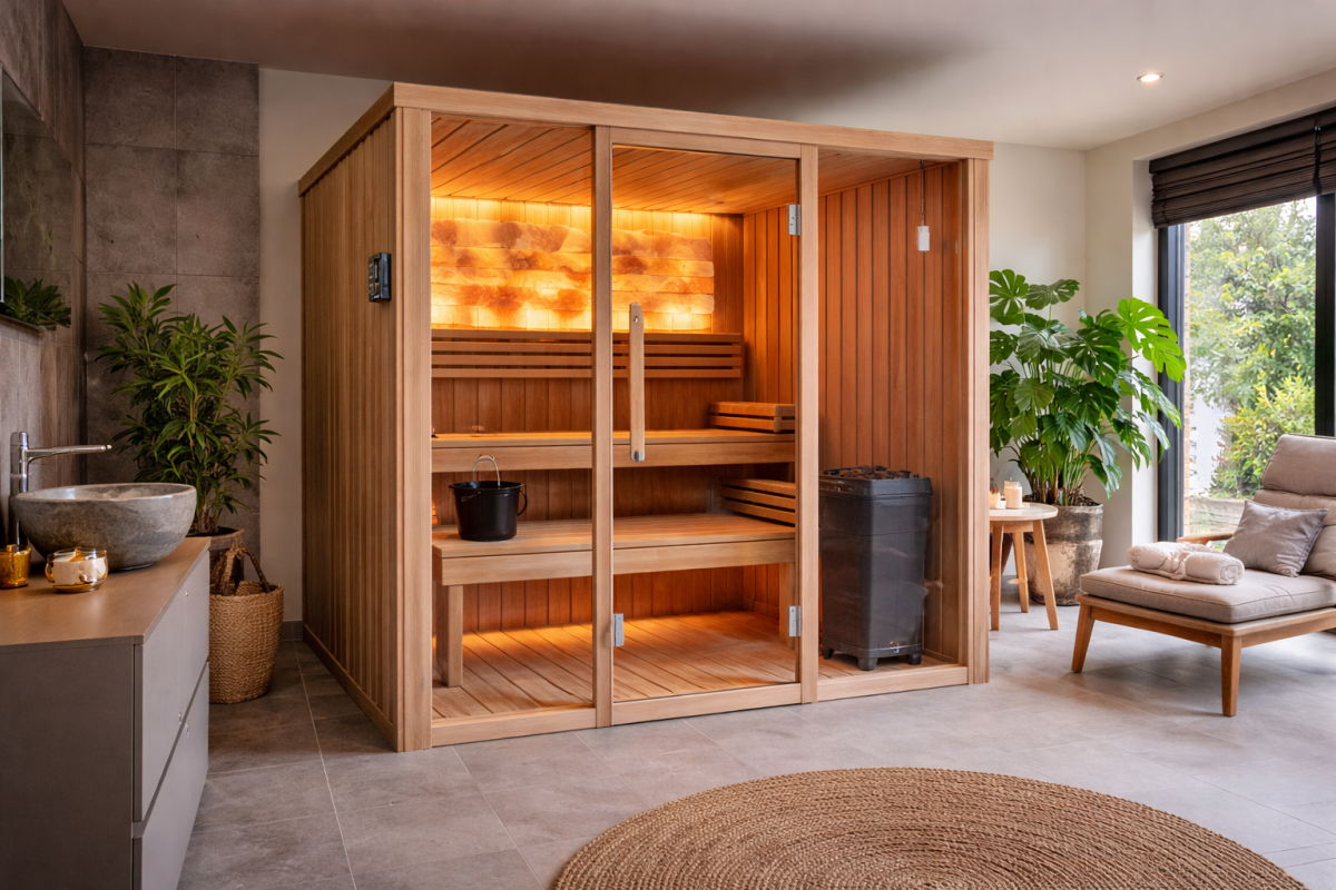 "Sauna w domu i ogrodzie - nowy standard nowoczesnego życia, obrazek ilustrujący artykuł o kosztach, wymaganiach i korzyściach związanych z posiadaniem sauny, prezentujący elegancką aranżację sauny oraz jej znaczenie w codziennym relaksie."