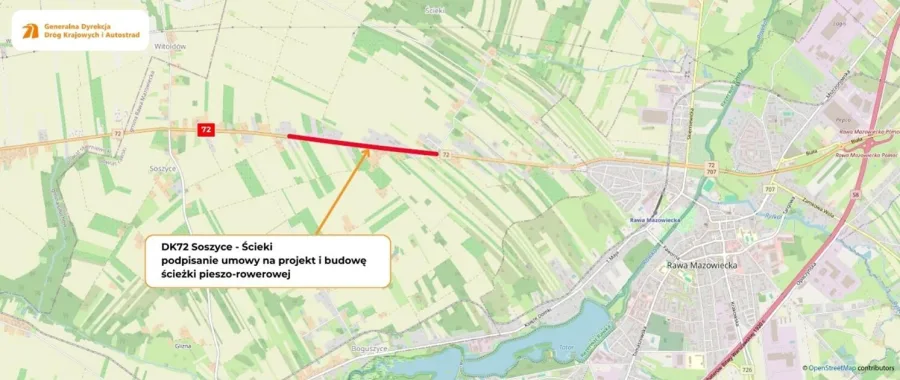 Nowa droga pieszo-rowerowa przy DK72. 10 km trasy pod Rawą Mazowiecką