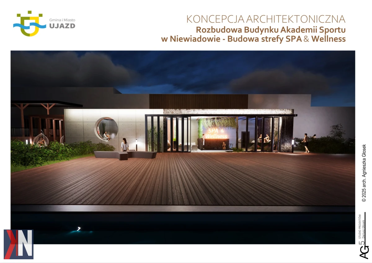 Strefa SPA i Wellness w Niewiadowie - wizualizacja rozbudowy Akademii Sportu, gdzie gmina Ujazd planuje stworzenie nowoczesnej przestrzeni rekreacyjnej obok istniejącego kompleksu basenowego.