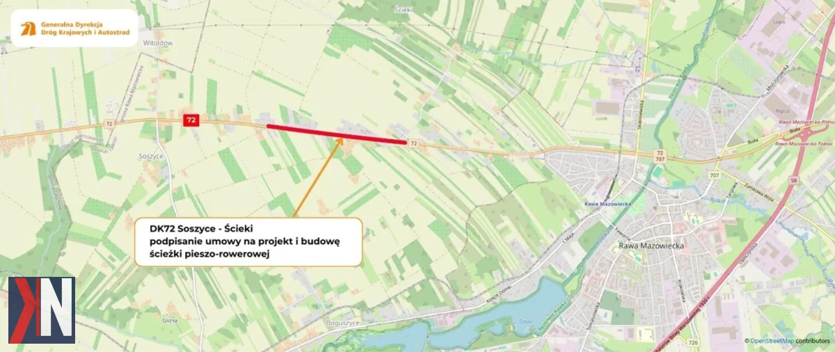 "Nowa droga pieszo-rowerowa budowana przy DK72, pomiędzy Soszycami a Ściekami, to 10-kilometrowa trasa, która ułatwi poruszanie się pieszym i rowerzystom w okolicach Rawy Mazowieckiej. Inwestycja realizowana przez Generalną Dyrekcję Dróg Krajowych i Autostrad."