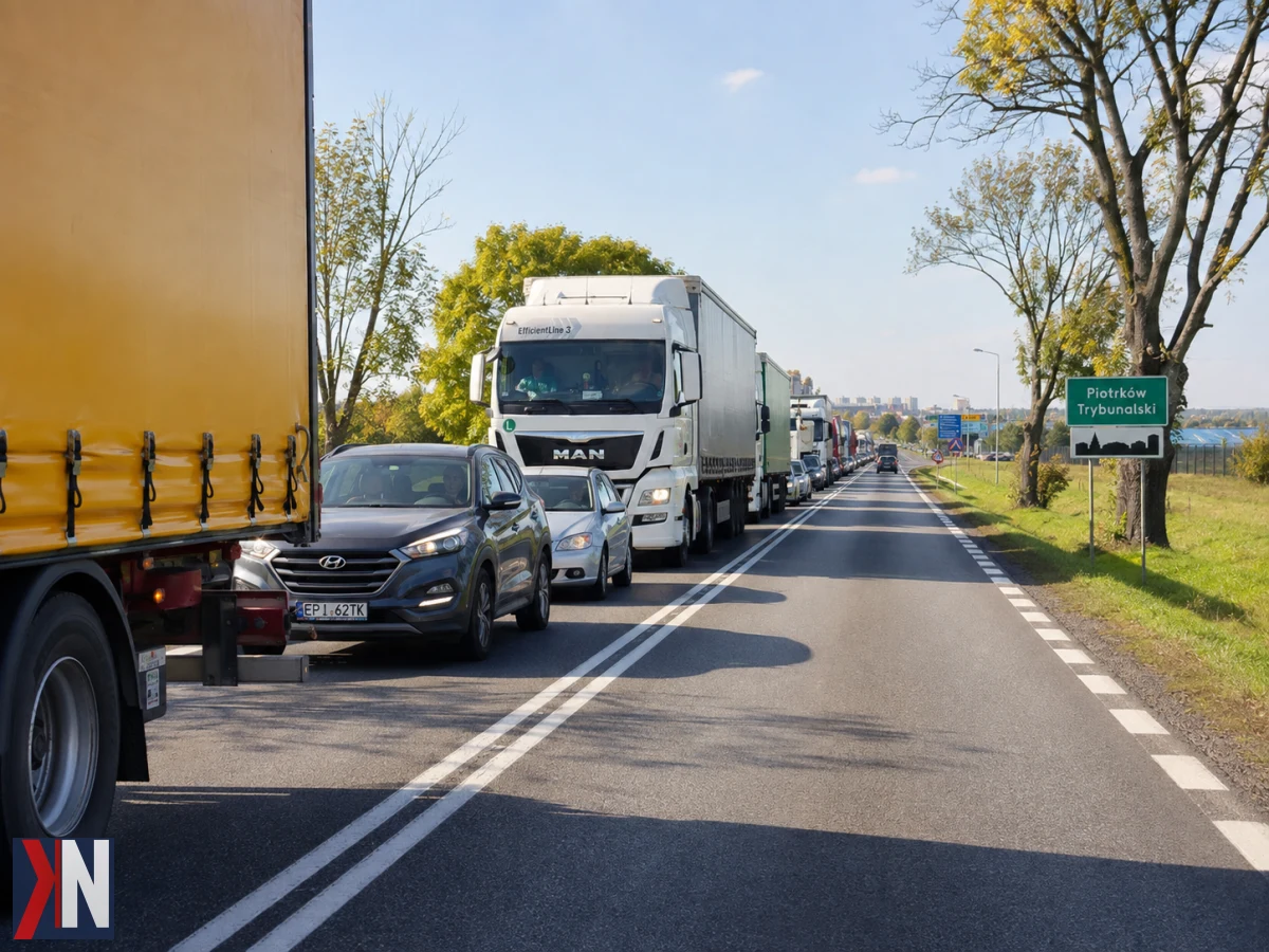 Zdjęcie przedstawia nowoczesną drogę ekspresową S12 pod Piotrkowem, symbolizującą postęp w infrastrukturze komunikacyjnej województwa łódzkiego. W tle widać oznakowanie drogi oraz krajobraz regionalny, podkreślające znaczenie tej ważnej decyzji w kontekście zakończenia tranzytowych problemów w regionie.