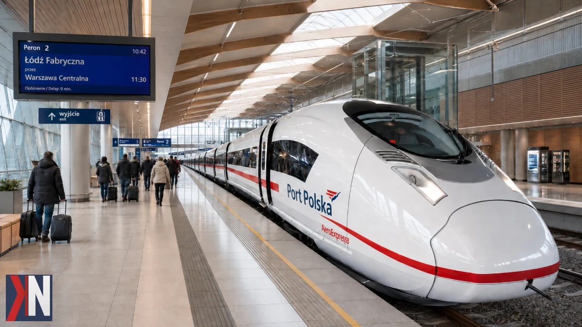 "Zmodernizowany pociąg AeroExpress na trasie Warszawa Wschodnia - nowe lotnisko - Łódź. Nowe połączenie kolejowe w ramach projektu Portu Polska, które ma zapewnić komfortowe i szybkie podróże co pół godziny między stolicą a Łodzią, wzmacniając kolejowy kręgosłup nowego lotniska."
