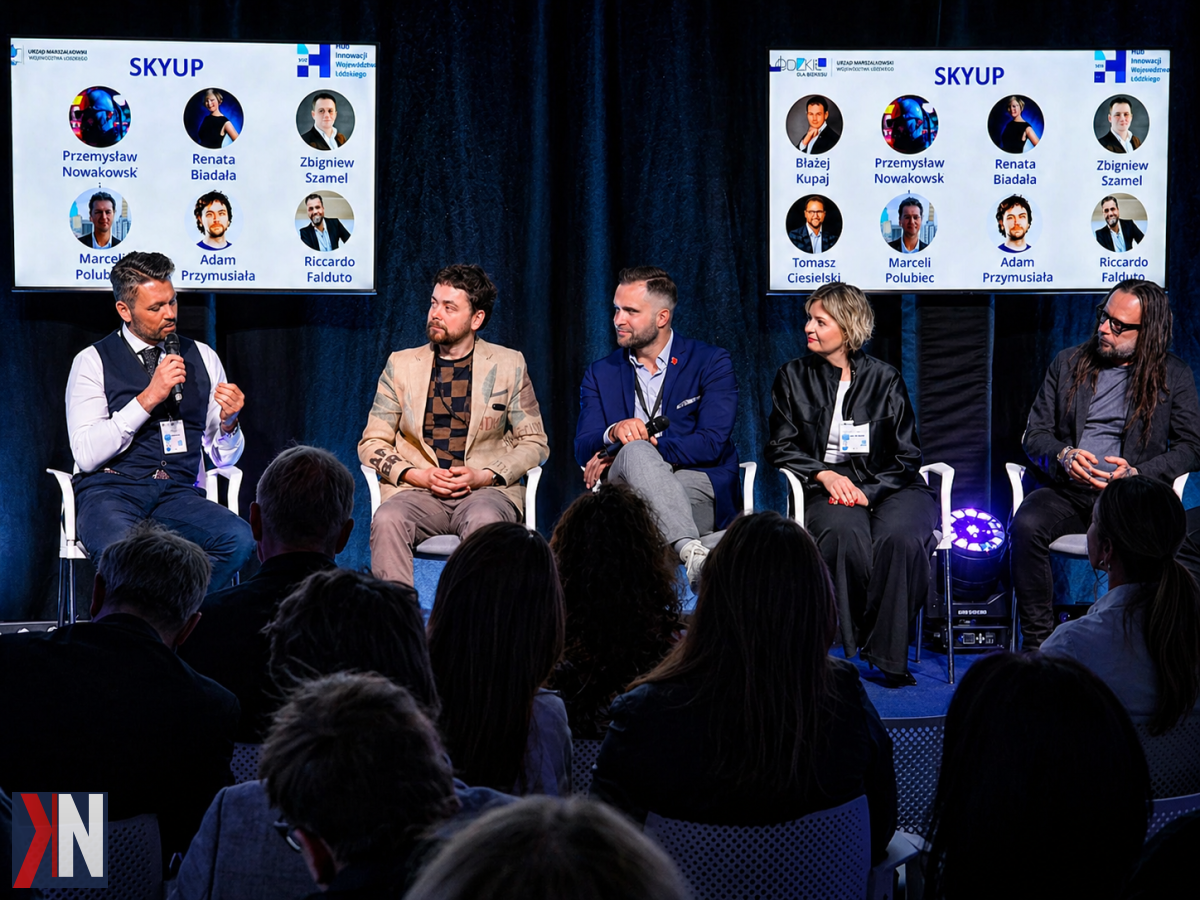 "Zdjęcie przedstawiające nowo otwarty SkyHub 2.0 w Łodzi, przy ul. Narutowicza 34. Modernizowana przestrzeń inspiruje młodych przedsiębiorców i inwestorów, oferując nowoczesne biura oraz strefy współpracy. SkyHub 2.0 to kluczowe miejsce dla innowacji i rozwoju w regionie."