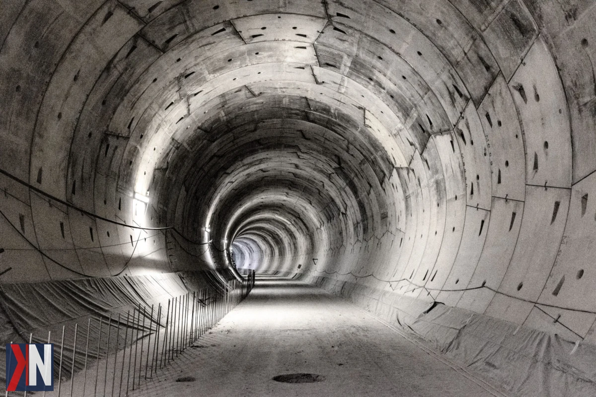 "Obraz przedstawiający tunel średnicowy w Łodzi, ilustrujący najnowsze decyzje administracyjne wydane przez Łódzki Urząd Wojewódzki, które umożliwiają wznowienie prac budowlanych. Na zdjęciu widać sprzęt budowlany, kamienice oraz tarczę TBM, symbolizującą postęp projektu kolejowego."