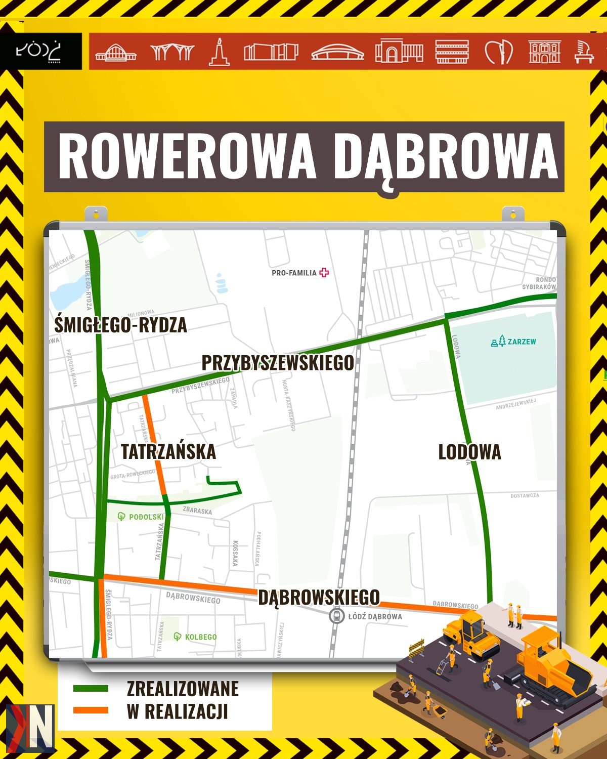 "Zdjęcie przedstawiające drogowców pracujących na ul. Dąbrow w Łodzi, w ramach wiosennych inwestycji drogowych. W tle widać oznakowanie oraz sprzęt budowlany, co symbolizuje powrót remontów i modernizacji ulic, w tym ścieżek rowerowych."