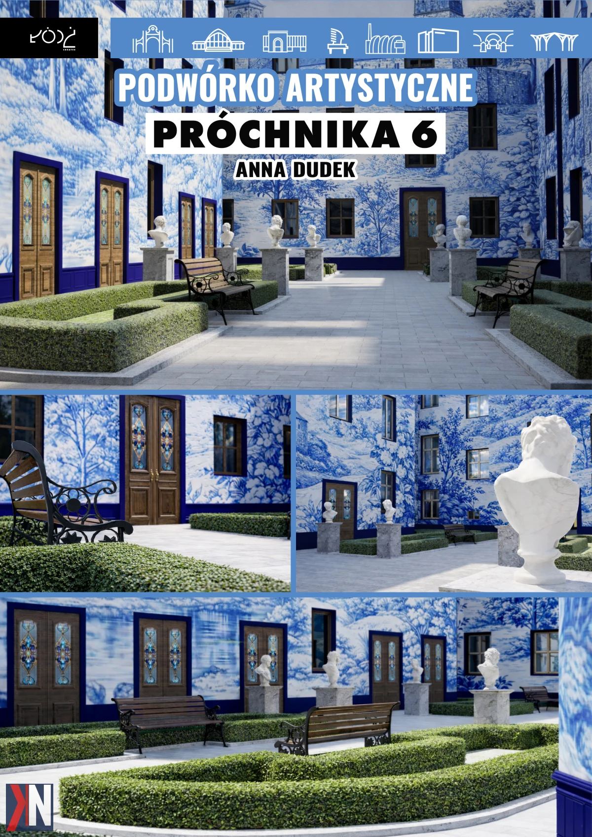 Zdjęcie przedstawia artystyczny wizualizację dziedzińca pałacowego, który powstanie przy ul. Próchnika 6 w Łodzi, zaprojektowanego przez Annę Dudek, zwyciężczynię lokalnego konkursu. Inspiracją dla tego unikalnego projektu jest architektura pałacowa, a jego realizacja ma na celu stworzenie przestrzeni sprzyjającej spotkaniom i wydarzeniom kulturalnym w sercu Łodzi.