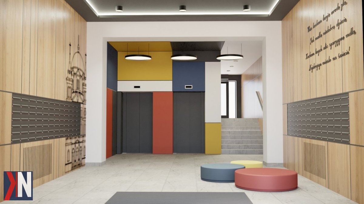 "Zdjęcie przedstawia odsłoniętą fasadę nowo powstającego budynku mieszkalnego Atrium przy ul. Pogonowskiego 44 w Łodzi, gdzie realizowanych jest 165 mieszkań na Starym Polesiu. Inwestycja osiąga kluczowy etap. W tle widać profesjonalną ekipę budowlaną pracującą nad finalizacją projektu."