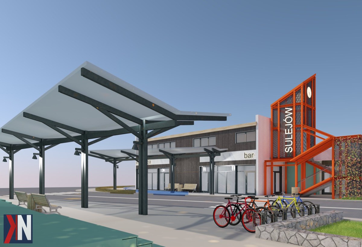 "Projekt centrum przesiadkowego w Sulejowie - wizualizacjamodernizacji ul. Dworcowej, gdzie za 4,5 mln zł powstanie nowoczesny węzeł komunikacyjny, zmieniający oblicze transportu w mieście."