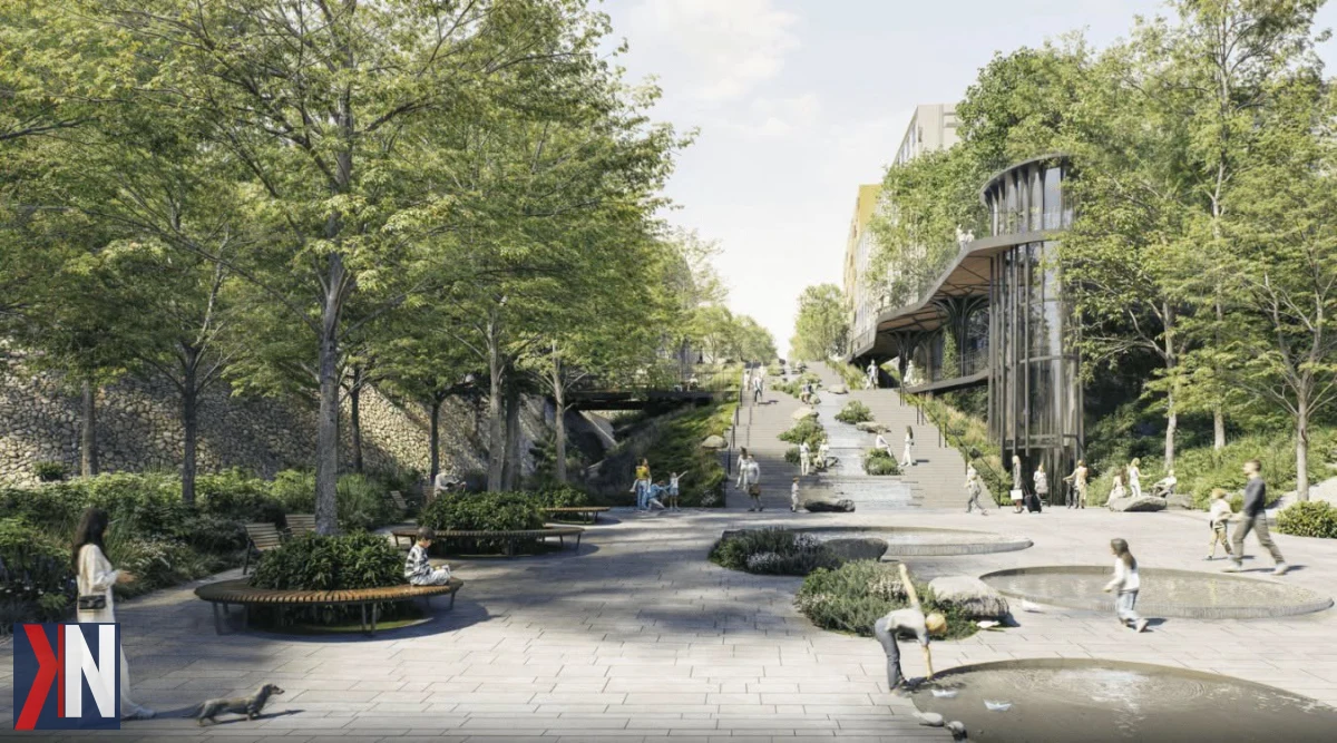 Zielona promenada nad Wisłą w Warszawie - wizualizacja nowoczesnych tarasów, które zmienią historyczną ulicę w malowniczą przestrzeń z wieloma schodami i windą, oferując mieszkańcom i turystom nowe możliwości relaksu w sercu stolicy.