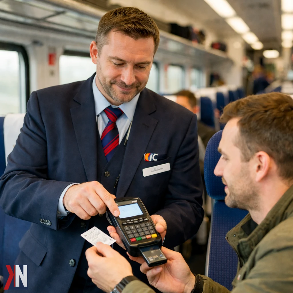 "Zdjęcie przedstawia konduktora PKP Intercity pomagającego pasażerowi w Łodzi w zakupie biletu za pomocą nowej aplikacji płatniczej. Mieszkańcy Łodzi zyskają szybszy sposób zakupu biletów w pociągach, co poprawi komfort podróży."