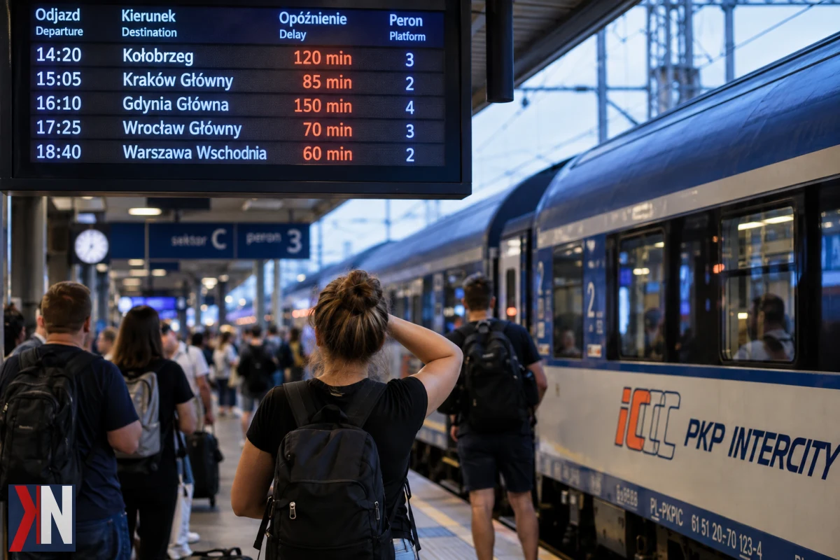 Zdjęcie przedstawiające zatłoczony dworzec kolejowy, gdzie pasażerowie sprawdzają rozkłady jazdy. W artykule omawiamy problem opóźnień pociągów PKP Intercity, które tego lata wyniosły nawet ponad godzinę, wpływając na wakacyjne plany podróżnych. Tło ukazuje tablice z odjazdami i opóźnieniami, co odzwierciedla dynamiczną sytuację na polskich kolejach.