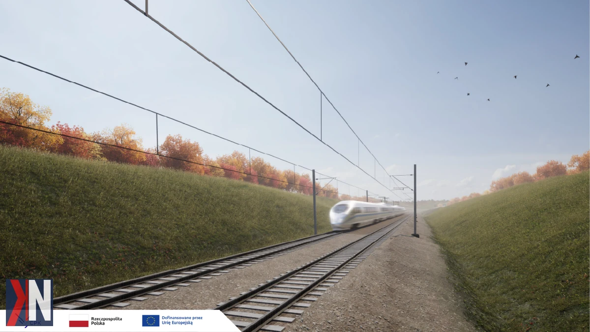 Jeździec na tle nowoczesnego pociągu kolei dużych prędkości, symbolizujący rozwój projektu KDP Warszawa–Łódź, gdzie pięciu wykonawców rywalizuje o budowę odcinka między CPK a Węzłem Bolimowskim.