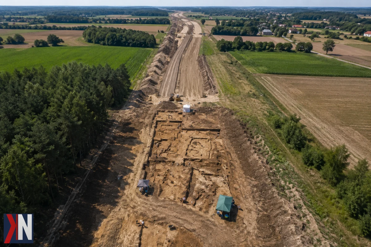 "Archeolodzy rozpoczynają badania na trasie Kolei Dużych Prędkości Warszawa–Łódź, wybrani przez Port Polska wykonawcy przeprowadzą prace archeologiczne o wartości blisko 29 mln zł. Na zdjęciu archeolodzy na terenie wykopalisk, przygotowujący się do badania 60-sto hektarowego obszaru."