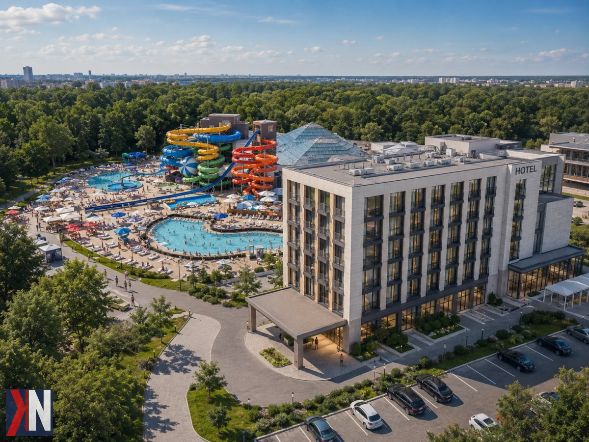 "Rendering nowego hotelu Holding Łódź, który powstaje w sąsiedztwie Aquaparku Fala i Atlas Areny. Planowany obiekt ma być otwarty w ciągu miesiąca pod szyldem znanej sieci hotelowej."