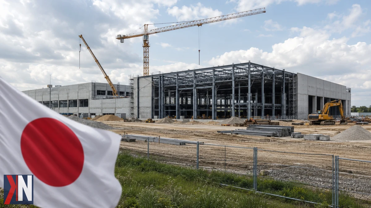 "Japoński inwestor planujący budowę nowoczesnej fabryki w Piotrkowie Trybunalskim, w tle Łódzka Specjalna Strefa Ekonomiczna, symbol rozwoju technologii i przemysłu w regionie."
