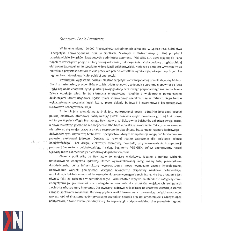 "Związki zawodowe z Bełchatowa apelują do premiera Donalda Tuska o decyzję w sprawie lokalizacji drugiej elektrowni atomowej, podkreślając znaczenie inwestycji dla regionu. Na zdjęciu przedstawiono członków związków zawodowych podczas spotkania."