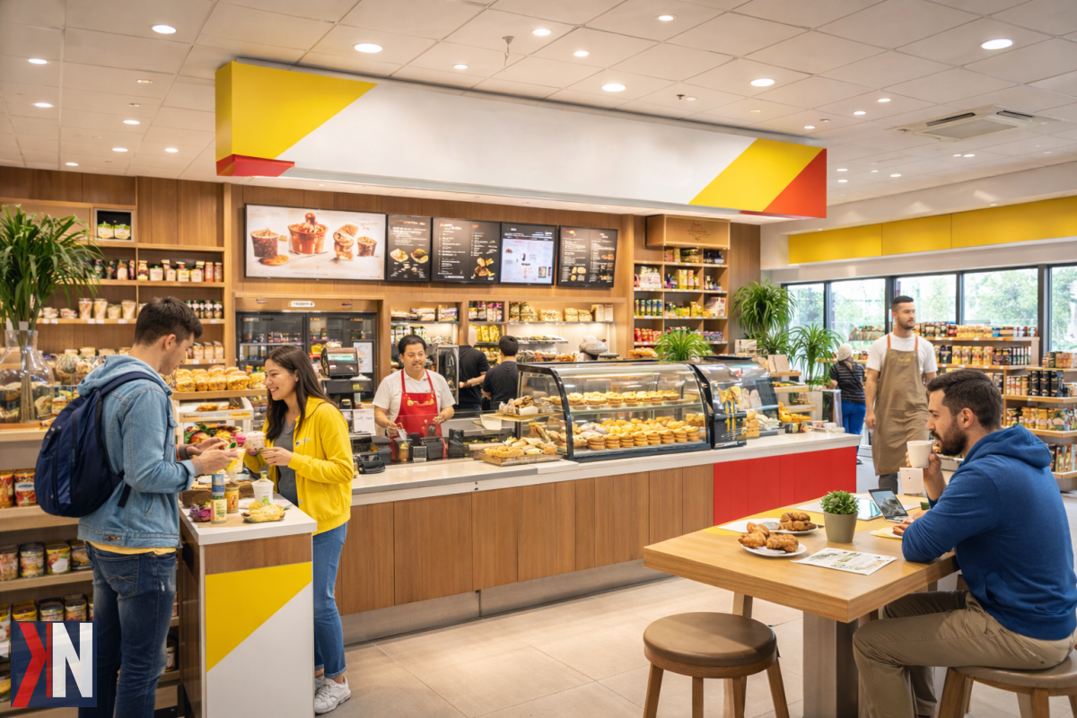 "Nowoczesna stacja Shell z kawiarnią w tle, ilustrująca nowy format stacji paliw w Polsce. Wkrótce w województwie łódzkim, stacje Shell zamienią się w przytulne miejsca, gdzie można nie tylko tankować, ale także delektować się kawą w miejskim stylu."