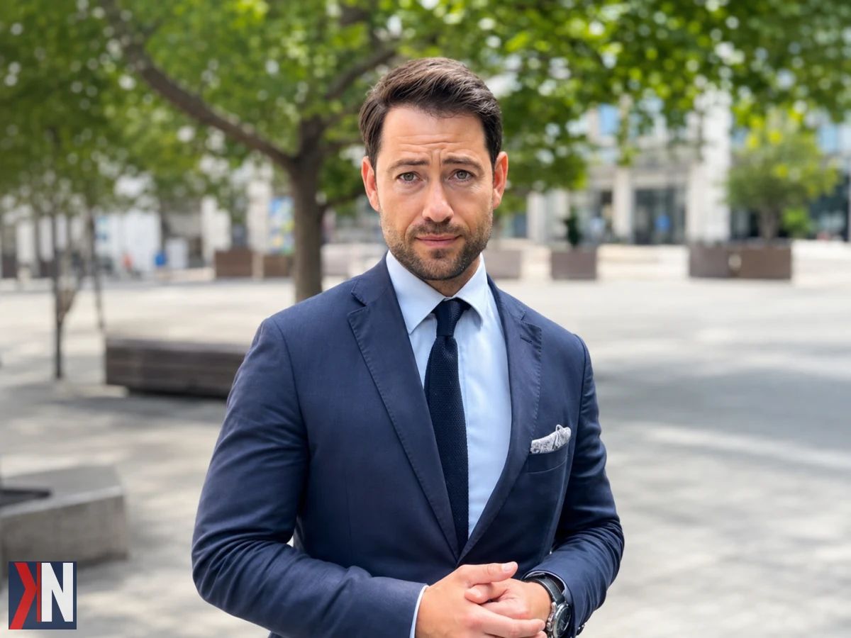 Adam Pustelnik na tle Łodzi, mówiący o potrzebie aktywności miasta w pozyskiwaniu kluczowych projektów, takich jak Centrum Europejskiej Agencji Kosmicznej i współpraca z Foxconnem. Apeluje o zaangażowanie w rozwój technologiczny i innowacyjność.
