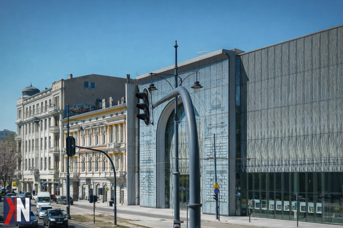 "Panorama centrum Łodzi z widokiem na budynki w trakcie rewitalizacji, symbolizująca nowy etap przebudowy, w ramach inwestycji wartości 250 mln zł. Zdjęcie ilustruje program Rewitalizacji Obszarowej Centrum Łodzi, który przyniesie nowe życie miastu."