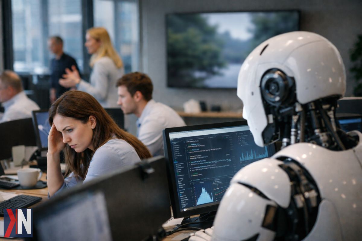 "Zdjęcie przedstawiające nowoczesne biuro z pracownikami korzystającymi z technologii AI, symbolizujące transformację rynku pracy. Artykuł omawia, jak sztuczna inteligencja przekształca miejsce pracy i jakie zmiany możemy zauważyć już za rok."