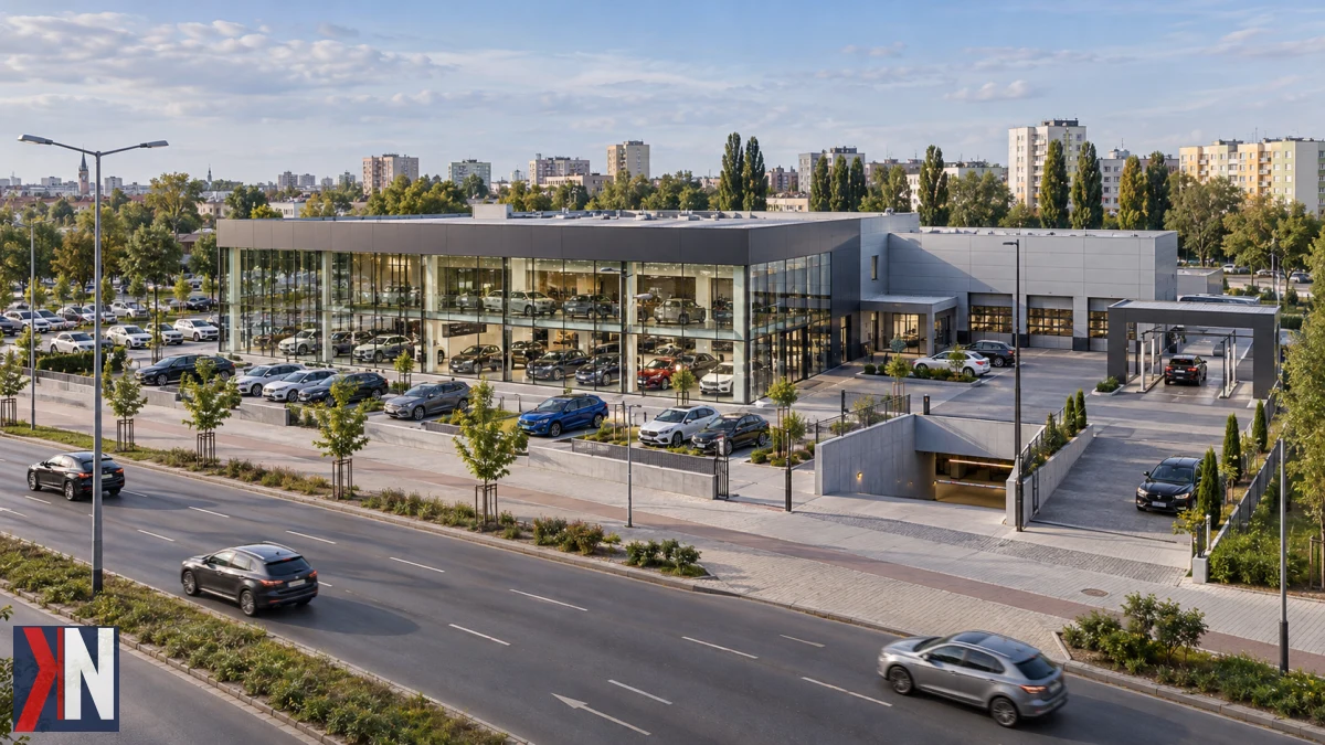 Nowy kompleks motoryzacyjny w Łodzi przy ulicy Pabianickiej 246–248 - wizualizacja nowego salonu samochodowego naprzeciwko zajezdni tramwajowej Chocianowice, w bliskiej odległości od centrum handlowego Port Łódź oraz sklepu IKEA.