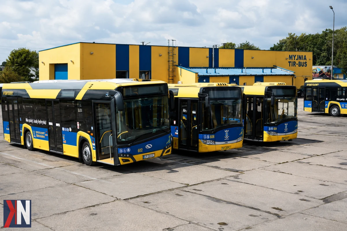 Zdjęcie przedstawia nowoczesny autobus elektryczny w Pabianicach, symbolizujący postęp w modernizacji komunikacji miejskiej. Miasto pozyskało 36,5 mln zł unijnego dofinansowania na projekt wart około 60 mln zł, który obejmuje zakup dziewięciu ekologicznych autobusów oraz rozwój infrastruktury, w tym Duży Skręt i Park&Ride.