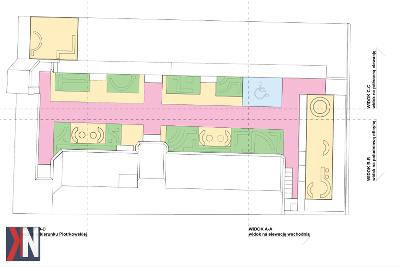 "Przebudowa podwórka przy Piotrkowskiej 50 w Łodzi, projekt przygotowany przez studentów Akademii Sztuk Pięknych, tworzy nową artystyczną przestrzeń w mieście."