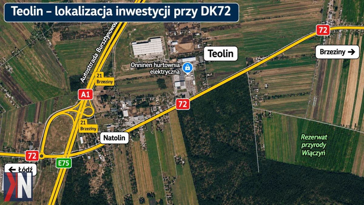 Zdjęcie przedstawiające drogę DK72 w Teolinie pod Łodzią, w kontekście unieważnionego przetargu przez GDDKiA z powodu braku 102 tys. zł na inwestycję drogową. Wizualizacja ukazuje ważny odcinek drogi, który jest kluczowy dla lokalnej społeczności.