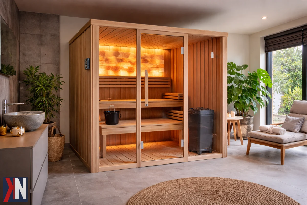 "Sauna w domu i ogrodzie - nowy standard nowoczesnego życia, obrazek ilustrujący artykuł o kosztach, wymaganiach i korzyściach związanych z posiadaniem sauny, prezentujący elegancką aranżację sauny oraz jej znaczenie w codziennym relaksie."