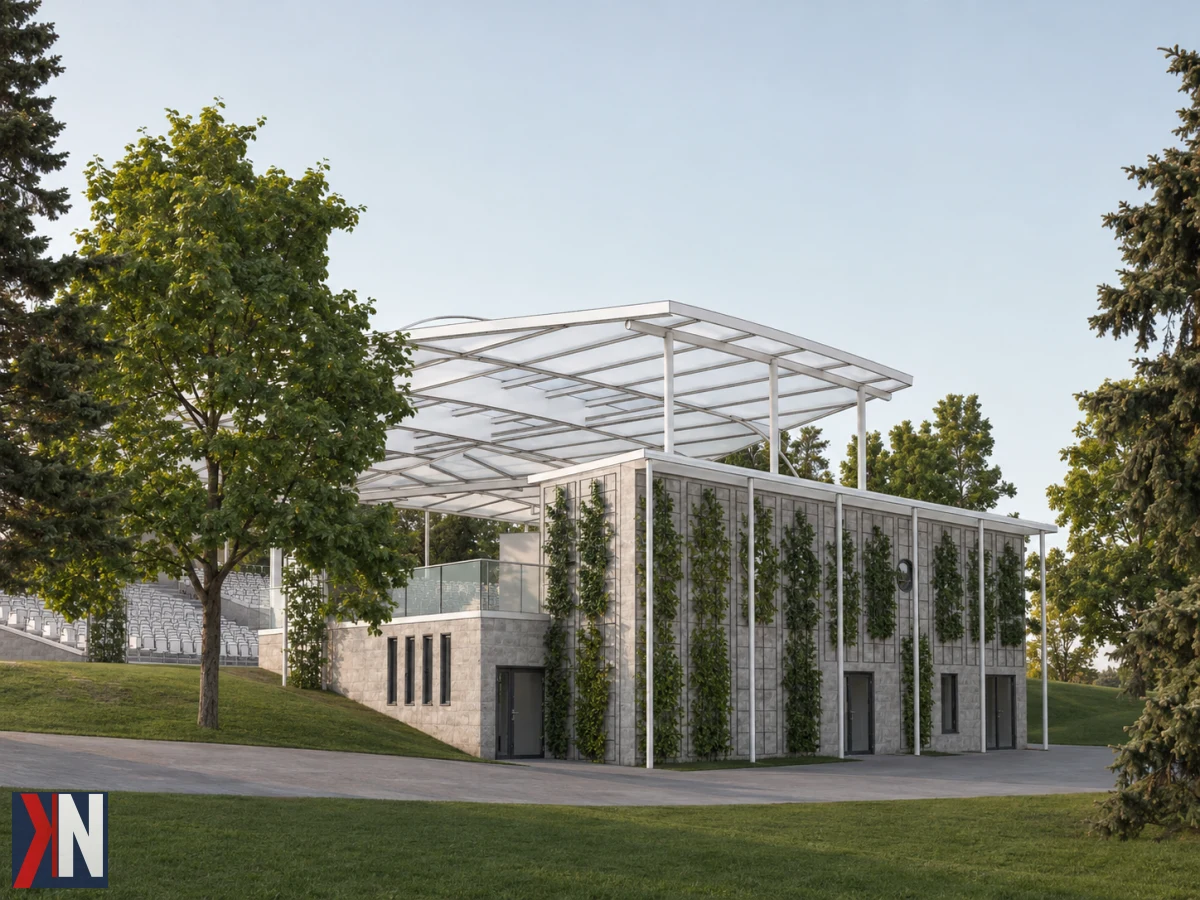 Nowy amfiteatr w Sieradzu - wizualizacja zadaszonej sceny i przestronnej widowni dla ponad 1500 osób w Parku Staromiejskim, projekt o wartości ponad 20 mln zł, który ma zapewnić wyjątkowe przeżycia artystyczne w regionie.