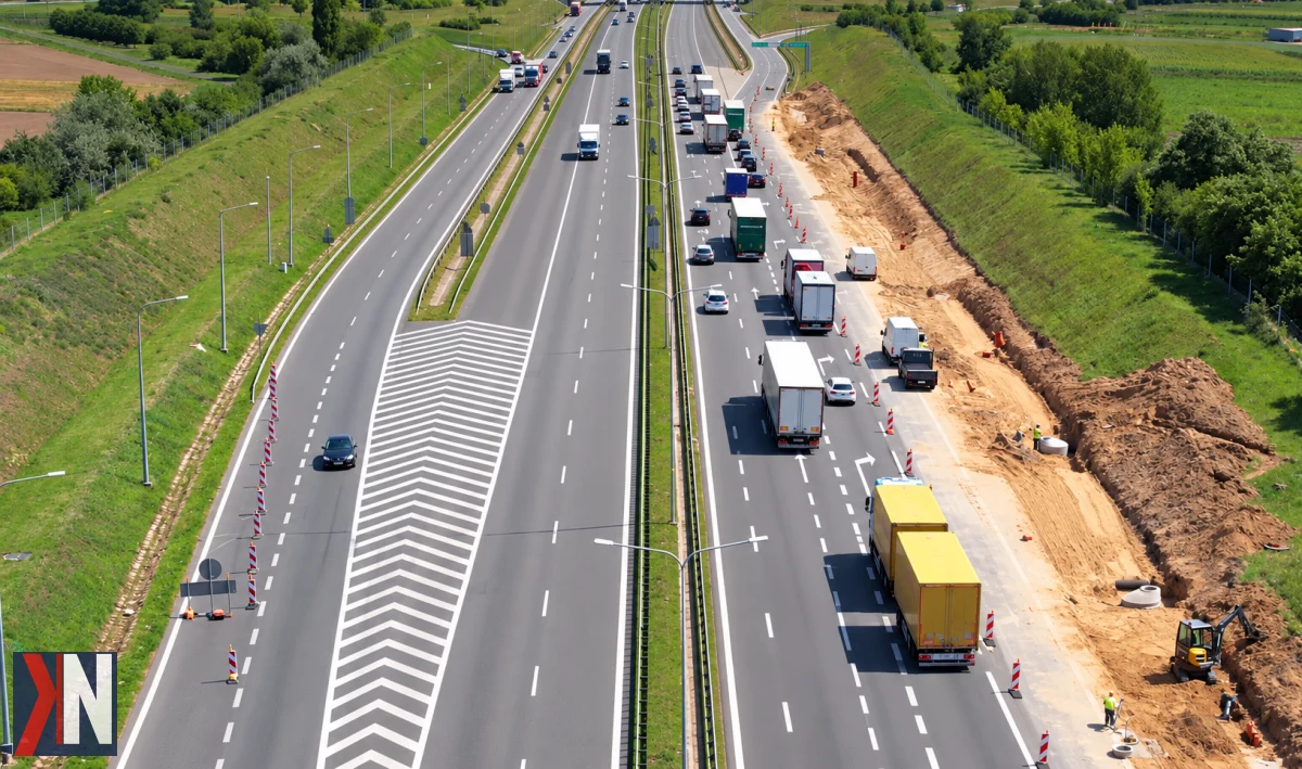 Zdjęcie przedstawia odcinek autostrady A2 między Łodzią a Warszawą, gdzie właśnie podpisano trzecią umowę na przebudowę. W tle widać drogowców i maszyny budowlane, które przygotowują się do pracy nad 25,5-kilometrowym fragmentem, mającym na celu poszerzenie drogi, by zminimalizować zakłócenia w ruchu. Autostrada A2 zyska nową jakość, ułatwiając podróże między Łodzią a Warszawą.