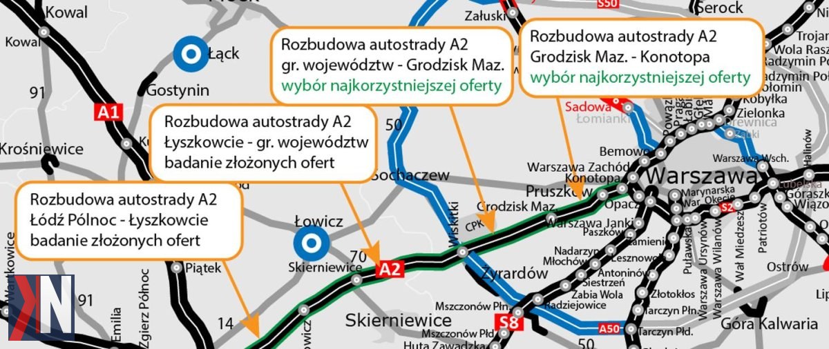 "Autostrada A2 między Łodzią a Warszawą - wizualizacja trzech pasów ruchu w każdym kierunku, ilustrująca rozbudowę drogi ogłoszoną przez GDDKiA. Zdjęcie przedstawia nowoczesny i bezpieczny odcinek autostrady, kluczowy dla poprawy komunikacji w regionie."