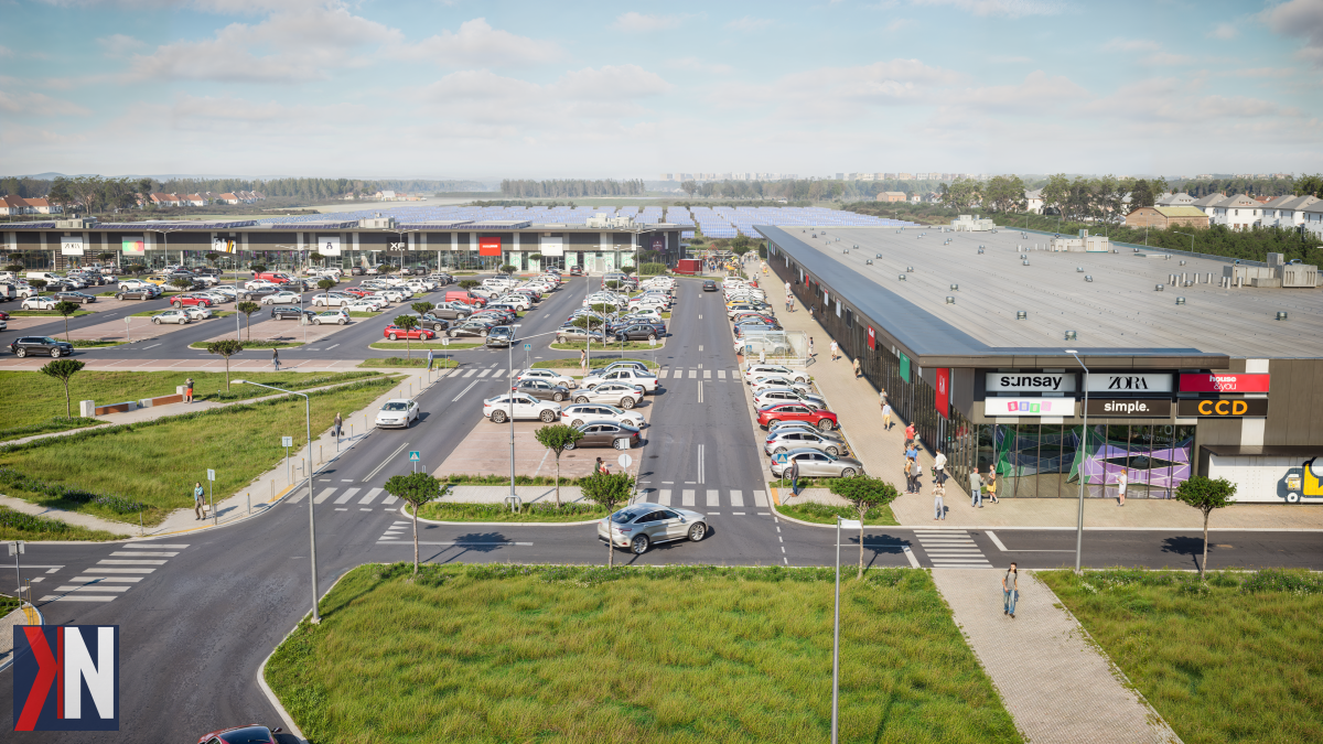 "Zdjęcie przedstawiające wizualizację parku handlowego BIG Konstantynów, który powstaje na granicy Łodzi i Konstantynowa Łódzkiego. Inwestycja o powierzchni 21 tys. m² ma potencjał, aby znacząco zmienić lokalny rynek handlowy. W tle widać dynamiczny rozwój zachodniej części aglomeracji."