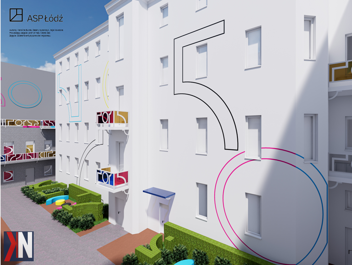 "Zdjęcie przedstawia nowo zaprojektowane podwórko kamienicy przy ul. Piotrkowskiej 50 w Łodzi, które zostało stworzone przez studentów Akademii Sztuk Pięknych. Stylowa przestrzeń zaprasza do odkrywania artystycznego szlaku podwórek w Łodzi, łącząc tradycję z nowoczesnym designem."