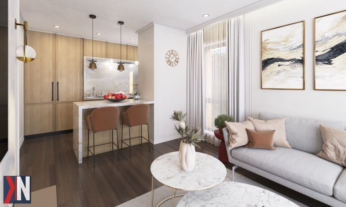 Alt: "Odsłonięta fasada inwestycji Atrium w Łodzi przy ul. Pogonowskiego 44, przedstawiająca nowoczesną architekturę 165 mieszkań na Starym Polesiu. Etap budowy zbliża się do finalizacji."