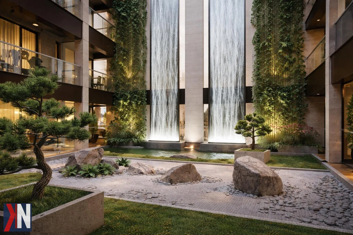 Budowa nowego apartamentowca premium 'Przy Placu Wolności' w Łodzi, z pięknym wodospadem i ogrodem japońskim, na zbiegu ulic Pomorskiej i Wschodniej.