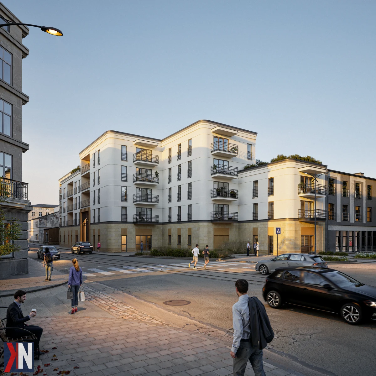 Nowoczesny projekt budowlany w centrum Łodzi – wizualizacja nowego budynku mieszkalnego przy ulicy Zielonej, który dostarczy 46 mieszkań w ramach większego planu mieszkaniowego, zatwierdzonego przez Radę Miejską.