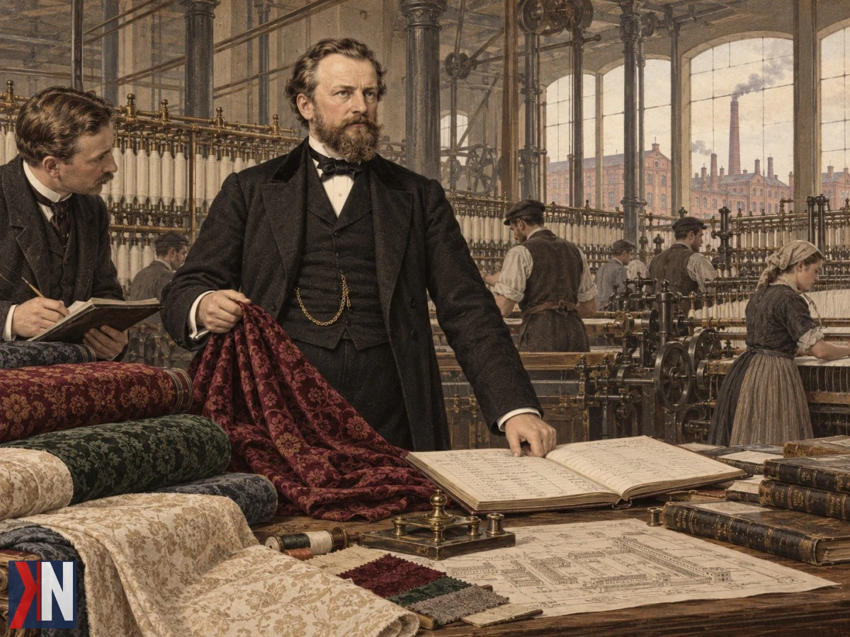 Portret Karola Scheiblera, przemysłowca i filantropa, który zbudował potężne imperium w Łodzi, przyczyniając się do rozwoju miasta. W tle zdjęcia przedstawione są historyczne fabryki, symbolizujące jego wpływ na przemysł i życie lokalnej społeczności.
