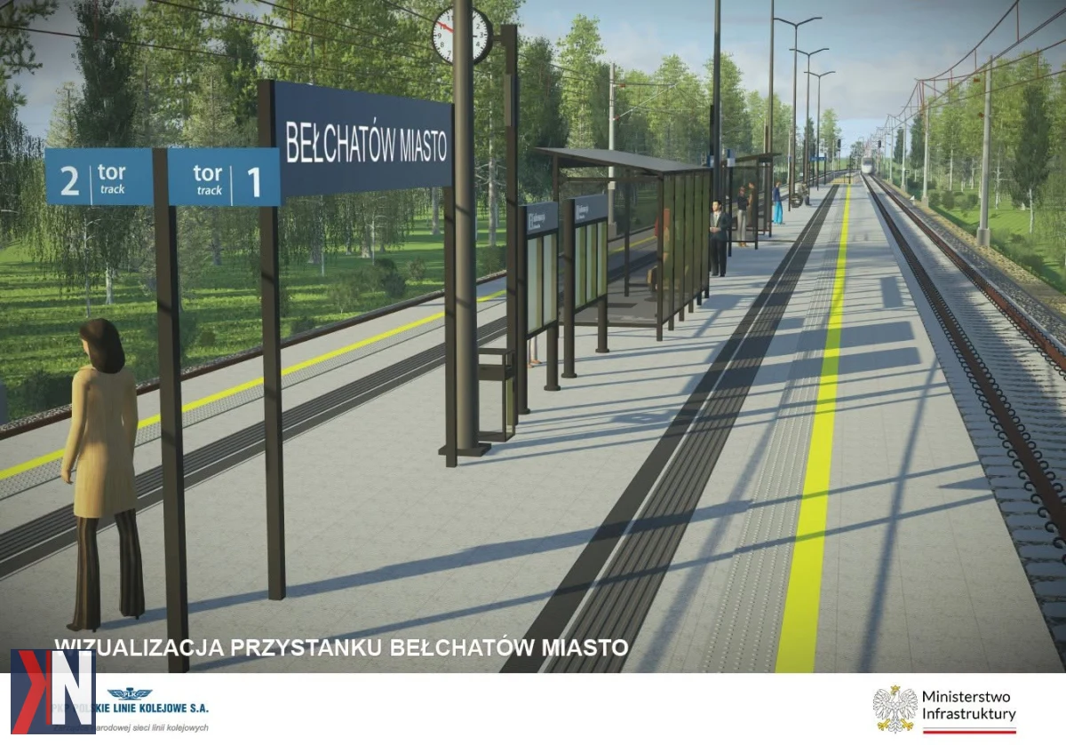 Zdjęcie przedstawiające nowoczesny pociąg kolejowy na tle zielonych krajobrazów Bełchatowa, symbolizujące rozpoczęcie przetargu na rozwój infrastruktury kolejowej w południowej Łódzkiem, mającego na celu integrację regionu i poprawę komunikacji.