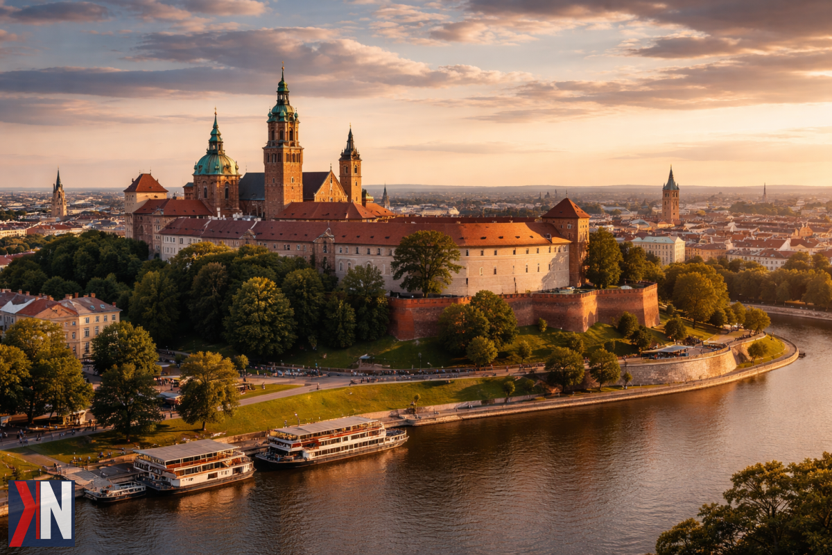 "Zdjęcie przedstawiające malowniczy krajobraz Krakowa, ukazujące piękne zabytki i atmosferę Wielkanocy 2026, symbolizujące dynamiczny rozwój turystyki w Polsce. Kraków staje się hitem turystycznym, prześcigając tradycyjne europejskie destynacje."