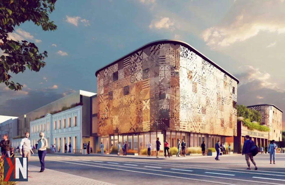 "Zielony Rynek w Łodzi - wizualizacja spektakularnej przebudowy, która zmieni przestrzeń przy placu Barlickiego. Nowa koncepcja uwzględnia remont historycznej hali oraz rozwój otoczenia, tworząc nowoczesne miejsce handlowe pełne zieleni."