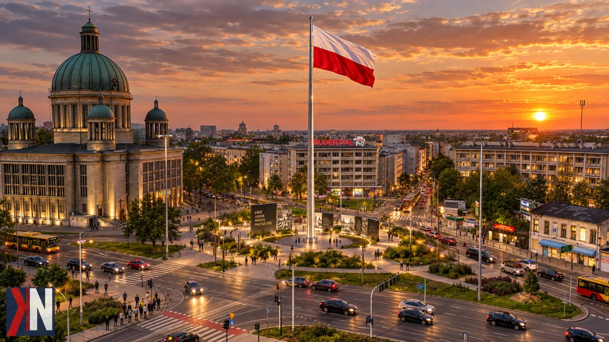 Zbliżające się obchody 11 listopada w Łodzi – zdjęcie przedstawia biało-czerwoną flagę w centrum miasta, symbolizującą patriotyzm i jedność społeczności. Czy Łódź potrzebuje przestrzeni, która połączy mieszkańców wokół tego symbolu narodowego?