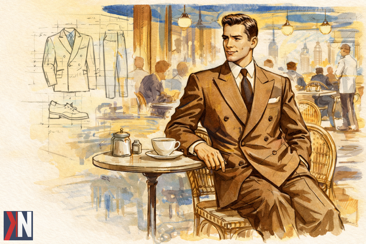 "Stylowy mężczyzna w eleganckim garniturze z lat 50. spaceruje ulicą, emanując pewnością siebie i charyzmą. W tle widać retro samochody i architekturę charakterystyczną dla tej epoki, co podkreśla powrót modowych trendów z lat pięćdziesiątych. Artykuł omawia, jak klasyczny styl gentlemanów znów zdobywa popularność w nowoczesnych miastach, inspirując mężczyzn do wyrażania siebie poprzez eleganckie i odważne wybory modowe."