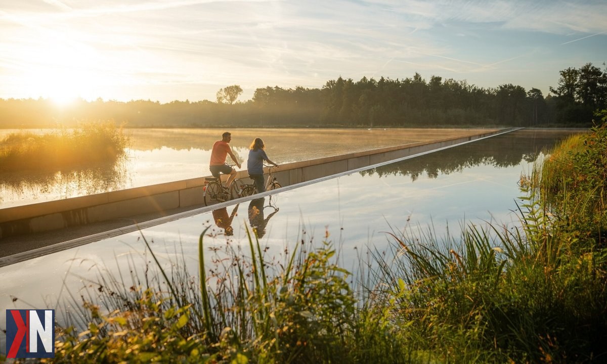 "Rowerzysta na szwedzkiej ścieżce rowerowej tuż nad taflą jeziora, idylliczny widok przyrody, który zdobył uznanie w europejskich mediach. Sceneria ukazuje harmonijną współpracę z naturą, idealna dla miłośników aktywnego wypoczynku."