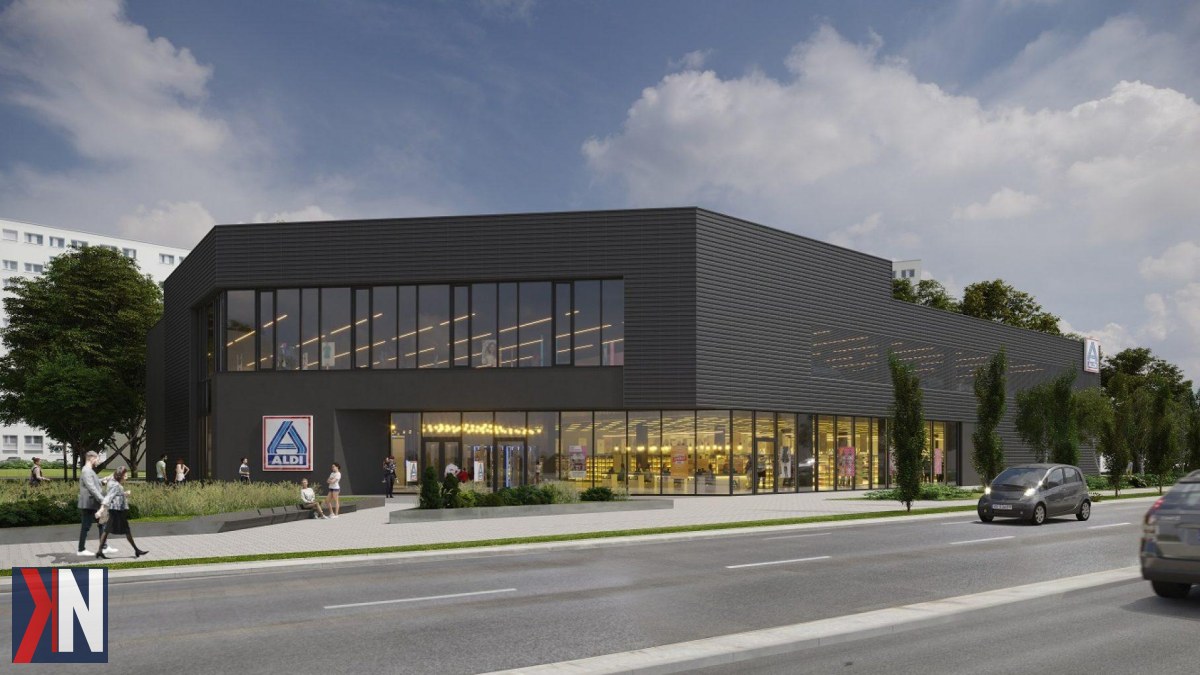 "Nowy koncept sklepu Aldi w Nowym Centrum Łodzi - wizualizacja nowoczesnego dyskontu z parkingiem, innowacyjnym designem i przyjaznym otoczeniem. Zmiana formuły to odpowiedź na potrzeby mieszkańców i rozwój urbanistyczny miasta."