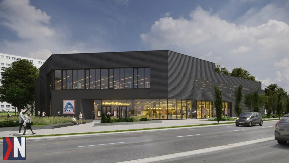 "Nowy koncept sklepu Aldi w Nowym Centrum Łodzi - wizualizacja nowoczesnego dyskontu z parkingiem, innowacyjnym designem i przyjaznym otoczeniem. Zmiana formuły to odpowiedź na potrzeby mieszkańców i rozwój urbanistyczny miasta."