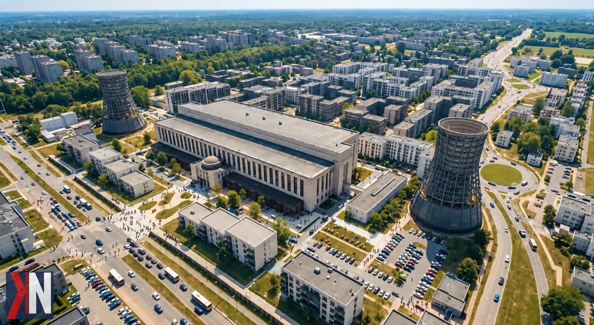 Rewitalizacja EC-2 w Łodzi, symbolizująca nowe inwestycje i przemianę miejskiego krajobrazu. W tle widoczne inne znane obiekty, takie jak Manufaktura i Monopolis, które podkreślają rozwijającą się przestrzeń miejską, łączącą industrialną historię z nowoczesnymi projektami.